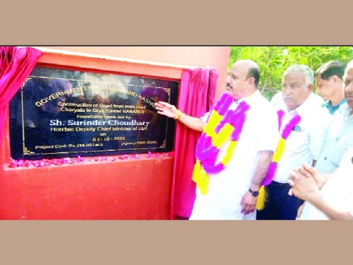 DyCM Surinder Choudhary laying foundation stone at Sunderbani, Rajouri on Wednesday.