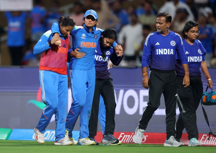 Brief scores: Bangladesh: 119/9 in 27 overs (Sharmin Akhter 36, Radha Yadav 3/30, Sree Charani 2/23). India: 57 or no loss in 8.4 overs. (PTI) ============ Photo CAPTION: Pratika Rawal sustained an injury to her knee and ankle while fielding in a match against Bangladesh. Brief scores: Bangladesh: 119/9 in 27 overs (Sharmin Akhter 36, Radha Yadav 3/30, Sree Charani 2/23). India: 57 or no loss in 8.4 overs. (PTI) ============ Photo CAPTION: Pratika Rawal sustained an injury to her knee and ankle while fielding in a match against Bangladesh.