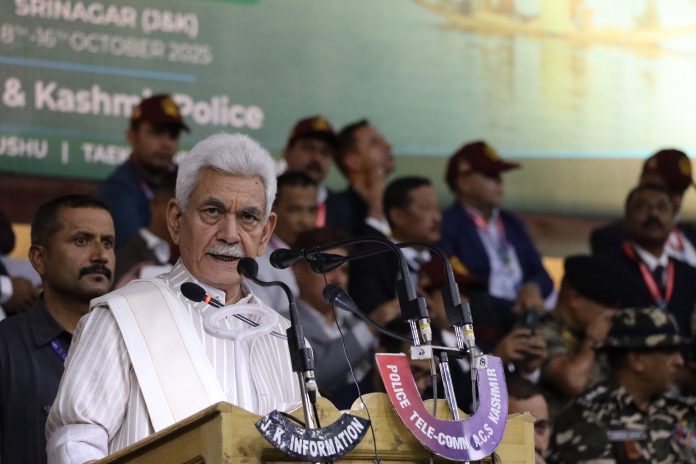 LG Manoj Sinha addressing a function in Srinagar on Friday. — Excelsior/Shakeel