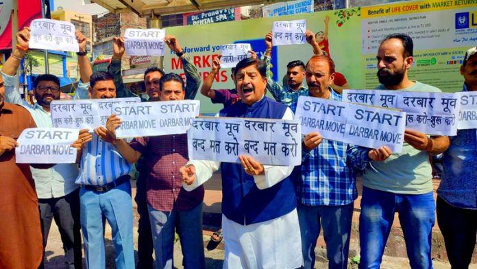 MSJK president Sunil Dimple along with traders during a protest in Jammu.