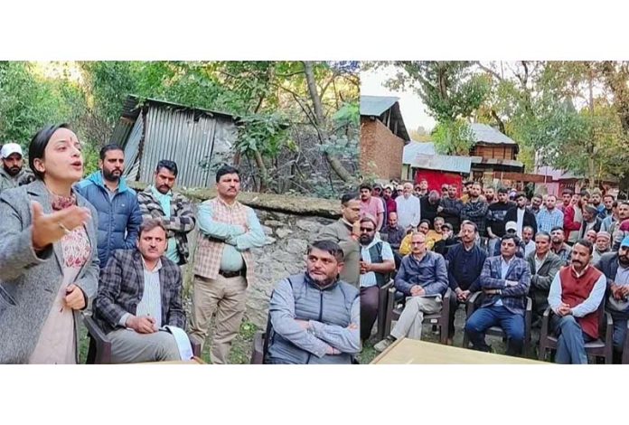 MLA Shagun Parihar addressing a public gathering in Kishtwar.