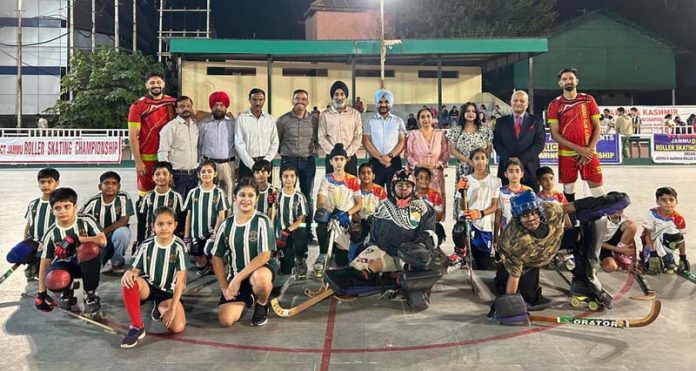 Athletes posing with dignitaries during closing ceremony of Jammu District Roller Skating Championship at MA Stadium. Athletes posing with dignitaries during closing ceremony of Jammu District Roller Skating Championship at MA Stadium.