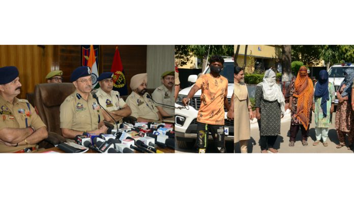 SSP Jammu, Joginder Singh, addressing media persons in Jammu (left) and the arrested drug peddlers (right). -Excelsior/Rakesh