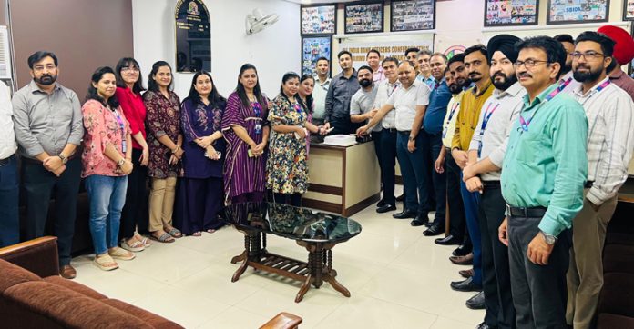 Office bearers of All India Bank Officers' Confederation and others celebrating Foundation Day in Jammu on Monday. Office bearers of All India Bank Officers' Confederation and others celebrating Foundation Day in Jammu on Monday.