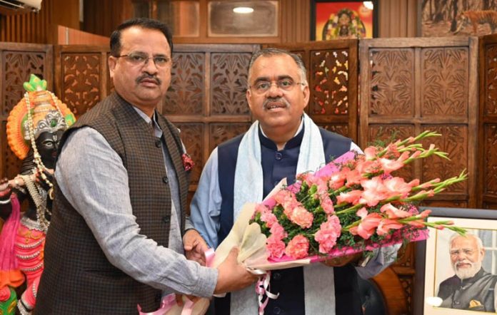 BJP vice president and candidate for Rajya Sabha elections Rakesh Mahajan during a meeting with party national general secretary, Tarun Chugh at New Delhi on Saturday.