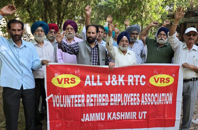VRS given JKRTC employees staging protest for arrears in Jammu on Monday. -Excelsior/Rakesh