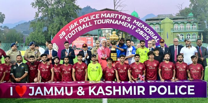LG Manoj Sinha presenting trophy to the winning team at Srinagar on Tuesday.