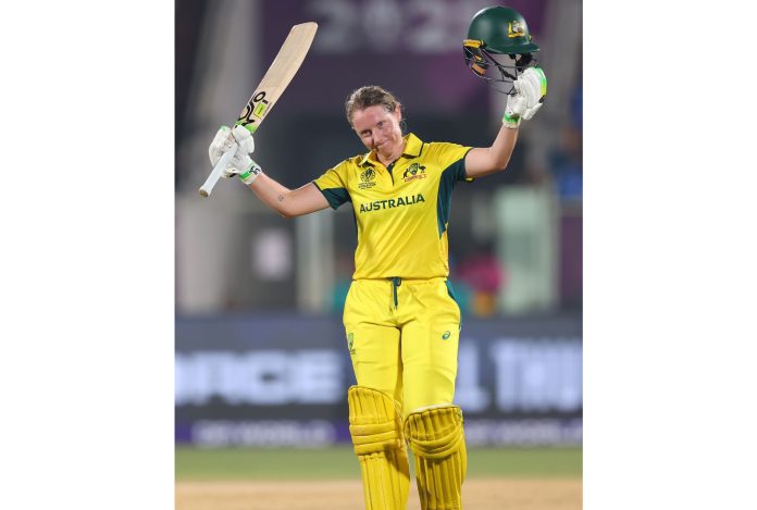 Alyssa Healy raising her bat after scoring 142 runs against India at Vishakhapatnam on Sunday. Alyssa Healy raising her bat after scoring 142 runs against India at Vishakhapatnam on Sunday.