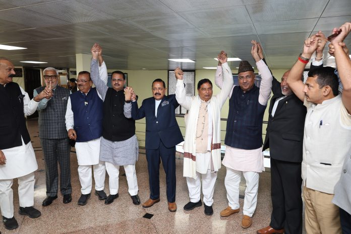 BJP Candidate for the Rajya Sabha seat Sat Pal Sharma after filing his nomination paper, accompanied by Union Minister Dr. Jitendra Singh in Assembly Complex Srinagar. (Pic: Shakeel/Excelsior) BJP Candidate for the Rajya Sabha seat Sat Pal Sharma after filing his nomination paper, accompanied by Union Minister Dr. Jitendra Singh in Assembly Complex Srinagar. (Pic: Shakeel/Excelsior)