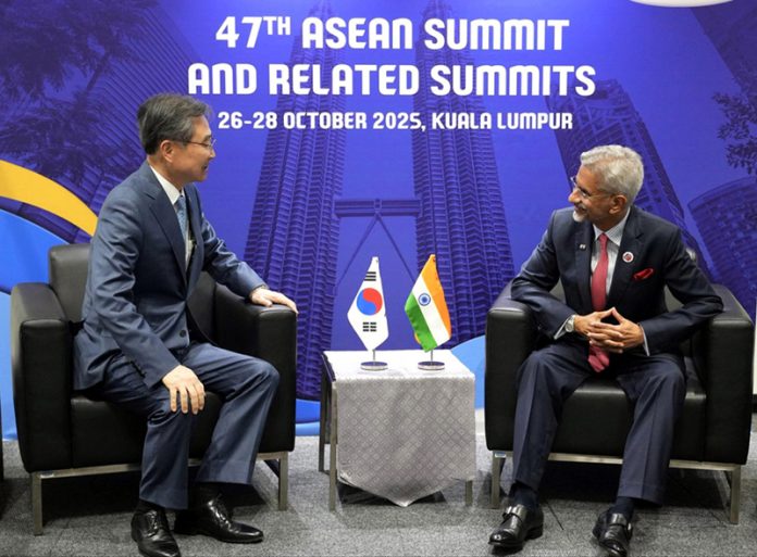 External Affairs Minister S Jaishankar meets the Republic of Korea (RoK) Foreign Minister Cho Hyun on the sidelines of the ASEAN meetings, in Malaysia on Sunday. (UNI) External Affairs Minister S Jaishankar meets the Republic of Korea (RoK) Foreign Minister Cho Hyun on the sidelines of the ASEAN meetings, in Malaysia on Sunday. (UNI)