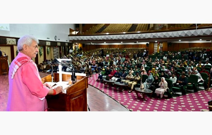 LG Manoj Sinha addressing a function in Srinagar on Sunday. LG Manoj Sinha addressing a function in Srinagar on Sunday.