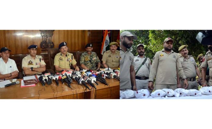 SSP Jammu addressing media persons (left) and police personnel with the seized contraband (right).