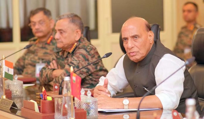 Defence Minister Rajnath Singh addressing the Army Commanders’ Conference in Jaisalmer on Friday. (UNI)
