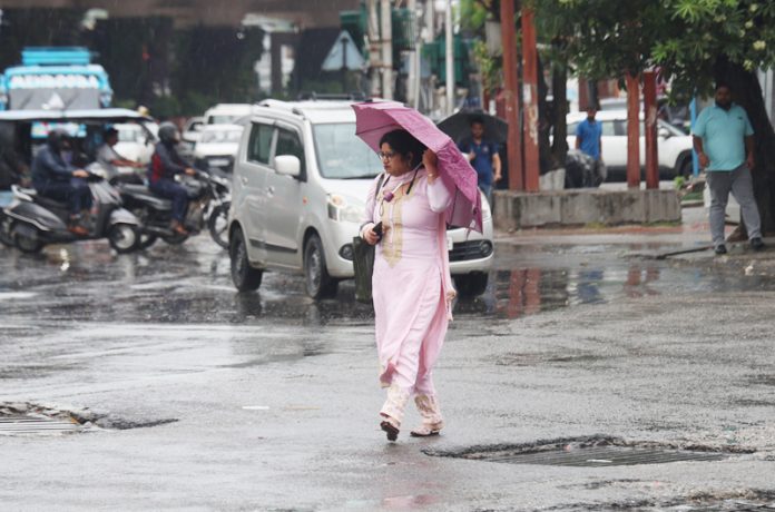 A woman taking umbrella cover moves through a Jammu road on rainy Monday. —Excelsior/Rakesh