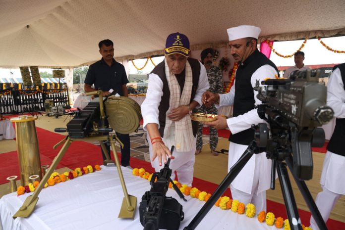 Defence Minister Rajnath Singh during a function at Bhuj on Thursday.