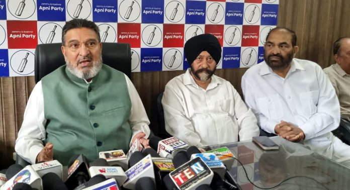 Apni Party president, Syed Mohammed Altaf Bukhari addressing a press conference in Jammu.