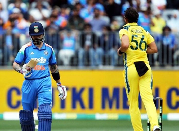 Mitchell Starck celebrating after taking wicket of Virak Kohi in first ODI at Perth on Sunday. Mitchell Starck celebrating after taking wicket of Virak Kohi in first ODI at Perth on Sunday.