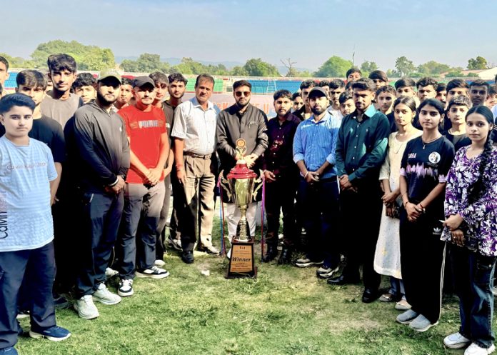 Chief Guest posing along with players during an inaugural event at MA Stadium, Jammu.