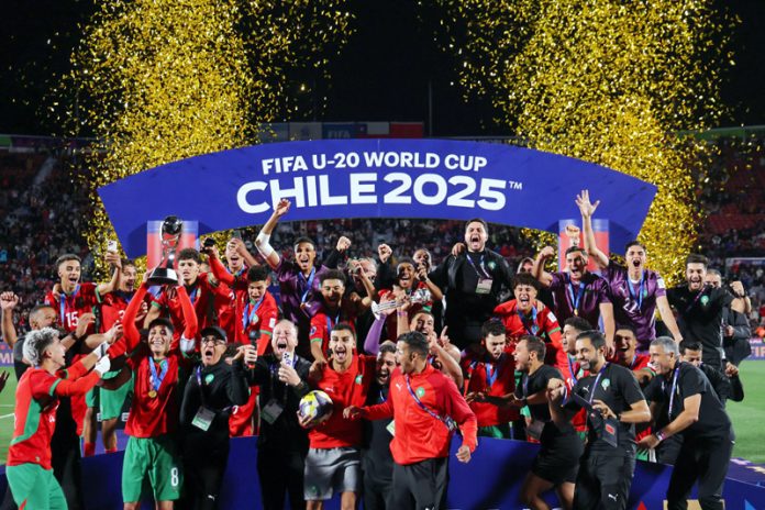 Winners of U-20 World Cup title Morocco celebrating victory.