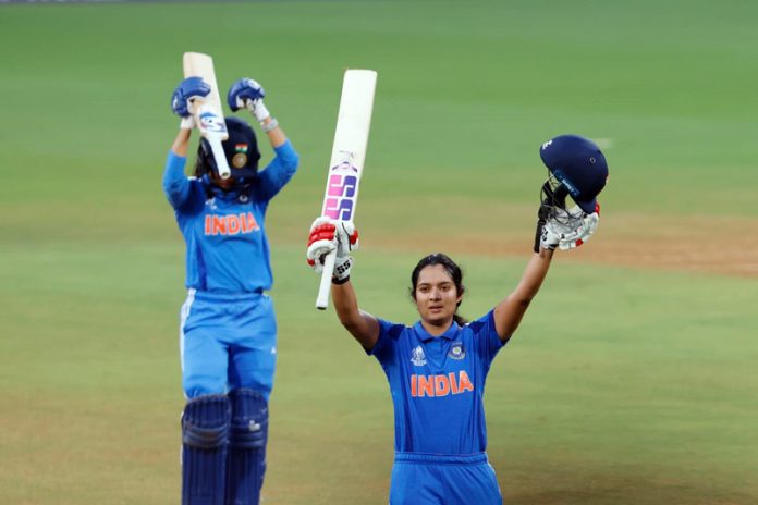 Pratika Rawal raising her bat after scoring 122 runs against New Zealand at Navi Mumbai. Pratika Rawal raising her bat after scoring 122 runs against New Zealand at Navi Mumbai.
