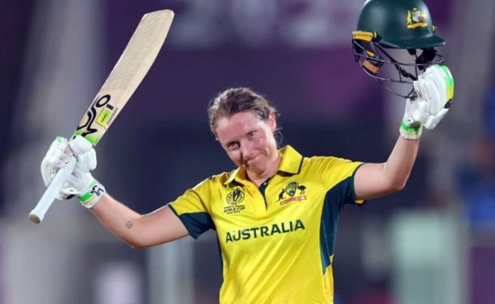 Alyssa Healy raising her bat after scoring a ton against Bangladesh. Alyssa Healy raising her bat after scoring a ton against Bangladesh.