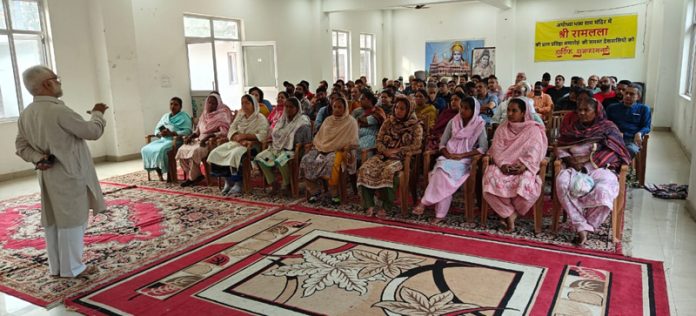 SD Sabha president, Parshotam Dadichi addressing a gathering during Valmiki Jayanti celebration in Jammu on Tuesday.