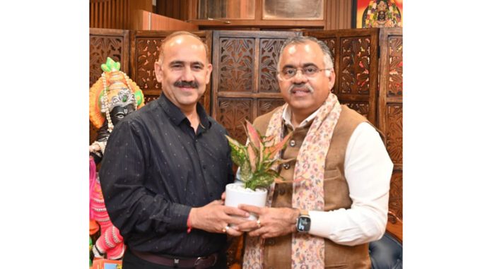 BJP leader, Ved Sharma from J&K during a meeting with party national general secretary and in charge J&K and Ladakh UTs , Tarun Chugh in New Delhi on Tuesday.