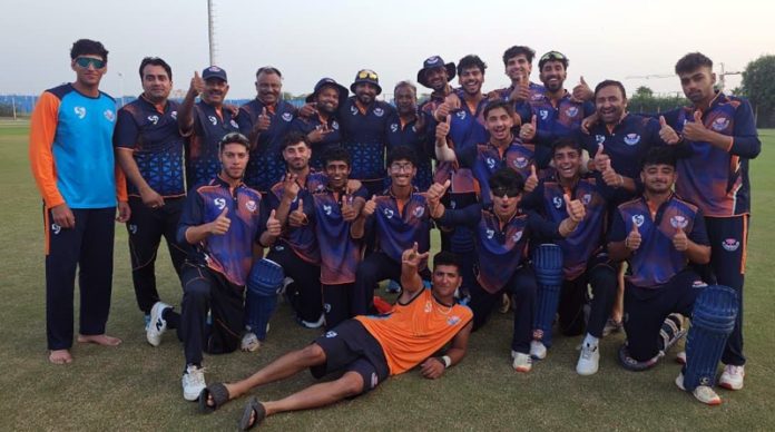 J&K players pose for a group photograph after defeating Tamil Nadu in the ongoing Men’s U-19 Vinoo Mankad Cricket Tournament.