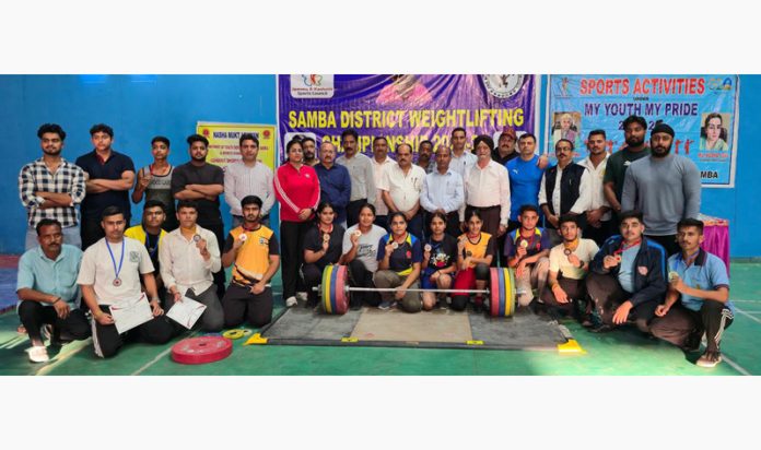Winners of Samba District Weightlifting Championship 2025-26 pose for a group photograph with others