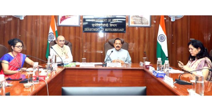 Union Minister Dr Jitendra Singh chairing a review meeting of the Department of Biotechnology (DBT) at CGO Complex, Lodhi Road, New Delhi on Thursday.