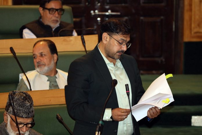 Minister Satish Sharma replying to a question in Assembly on Tuesday. —Excelsior/Shakeel