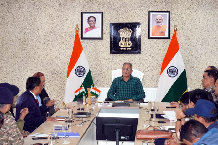 LG Ladakh Kavinder Gupta chairing a security review meeting in Leh on Saturday.