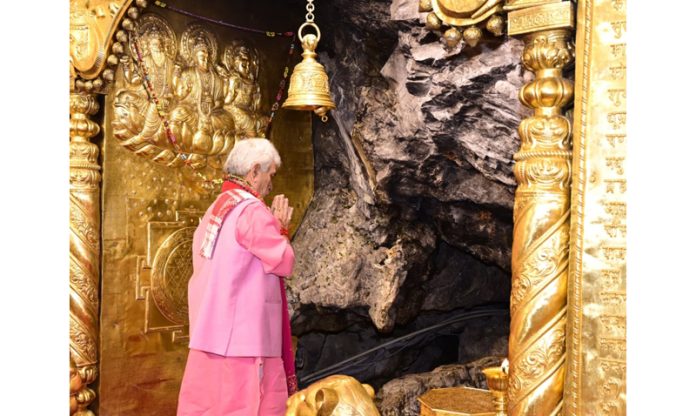 Lieutenant Governor Manoj Sinha paying obeisance at Shri Mata Vaishno Devi Ji Shrine on Tuesday.