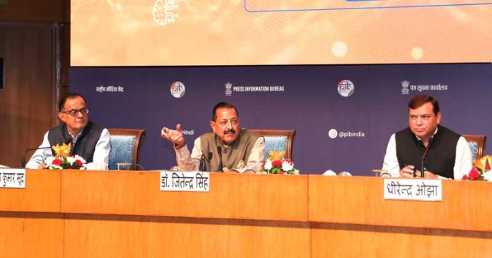 Union Minister Dr Jitendra Singh, flanked by Principal Scientific Advisor Prof A K Sood, addressing a press conference at National Media Centre (NMC), New Delhi on Monday.