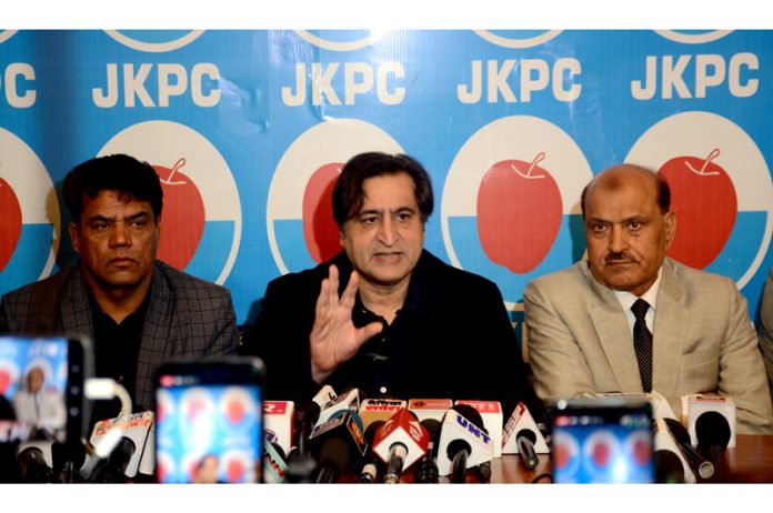 Peoples Conference President Sajad Lone during a press conference in Srinagar on Saturday. -Excelsior/Shakeel