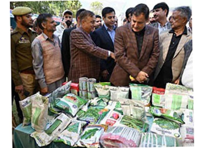Minister Javid Ahmad Dar inspecting a stall at Kisan Mela on Saturday.