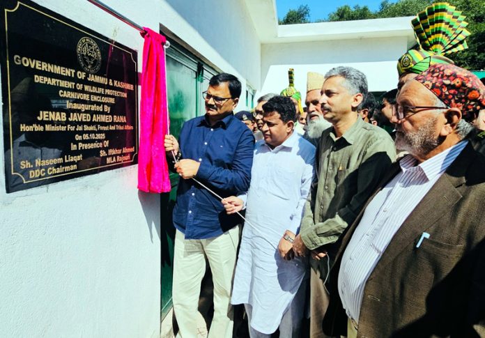 Minister Javed Rana inaugurating Carnivore Enclosure at Shachera Conservation Reserve Rajouri on Sunday.