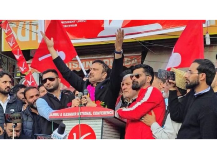 NC leader Sajjad Kichloo addressing large gathering at Kishtwar on Sunday.