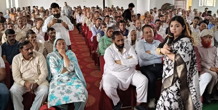 BJYM Vice-President Devyani Rana addressing progressive farmers at Mathwar on Thursday.