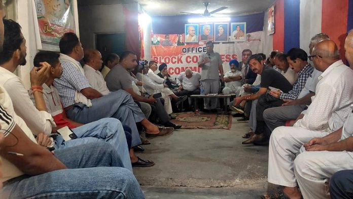 JKPCC chief spokesperson, Ravinder Sharma addressing party meeting at Sunderbani on Sunday.