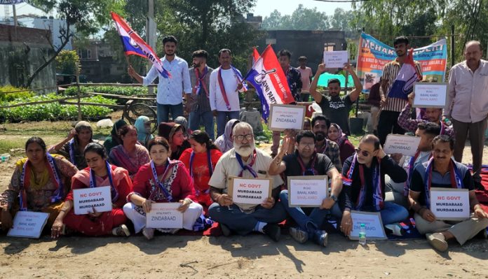Apni Party activists protesting at Sidhra on Sunday.