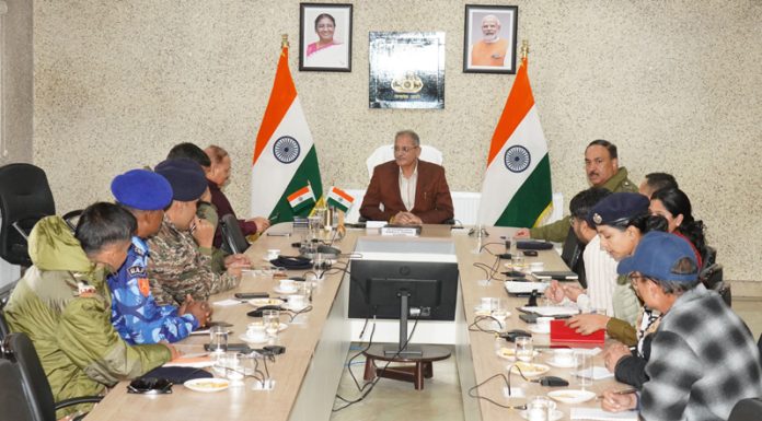 LG Kavinder Gupta chairing a meeting in Leh on Thursday.