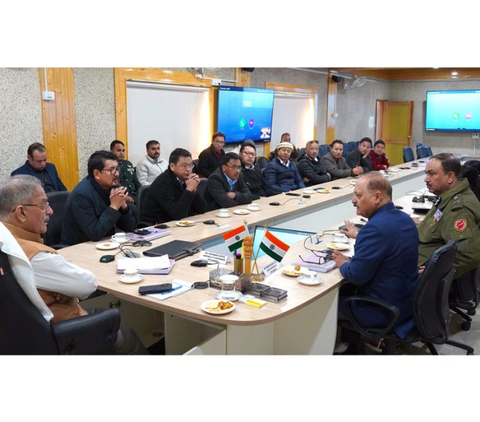 LG Ladakh Kavinder Gupta chairing a meeting of the officers in Leh on Thursday.
