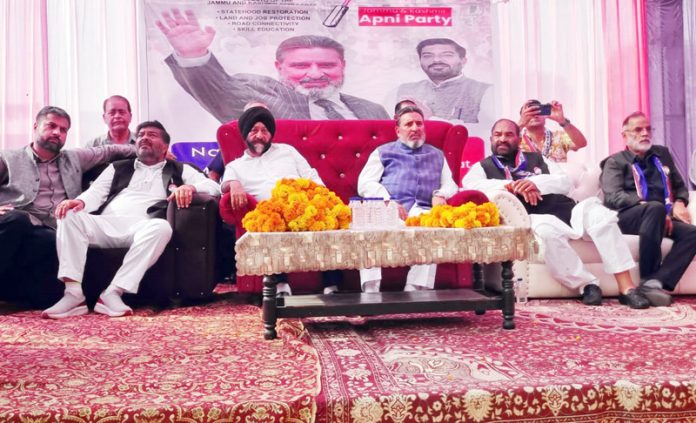 Altaf Bukhari addressing a rally at Nagrota on Thursday.