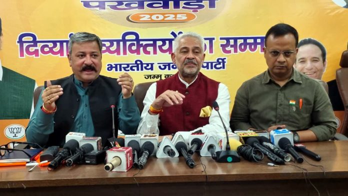 BJP spokespersons addressing media at the party headquarters in Jammu on Tuesday. -Excelsior/Rakesh