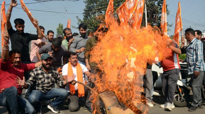 Bajrang Dal activists during a protest in Jammu Bus Stand area. -Excelsior/Rakesh