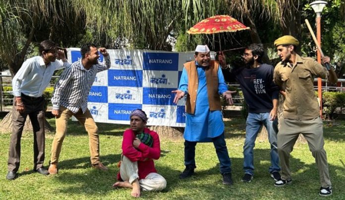 A scene from Dogri play ‘Gatte-ch-Maanu’ staged at Rani Park, Jammu on Sunday.