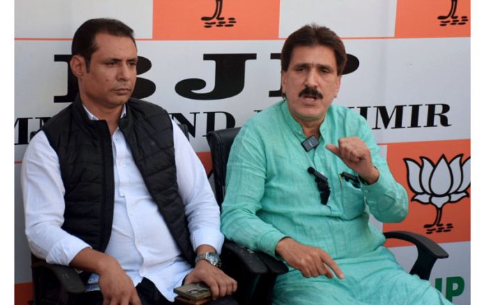 BJP leaders at a press conference at Srinagar on Thursday. — Excelsior/Shakeel