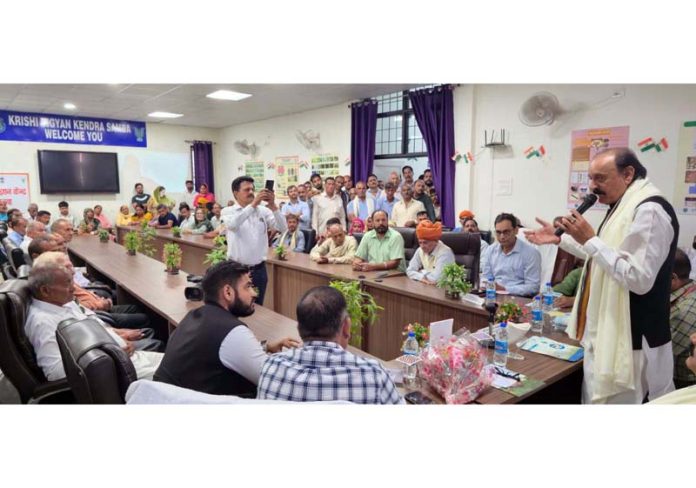 MLA Samba, SS Slathia addressing a programme organised by KVK at Samba on Saturday.