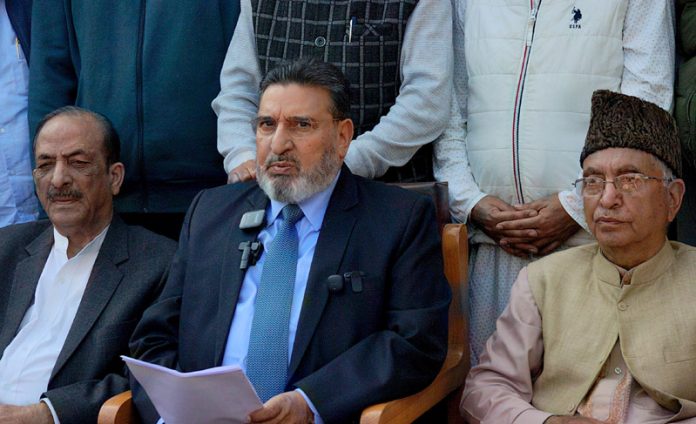 Apni Party President Altaf Bukhari along with other party leaders during a press conference in Srinagar on Thursday. -Excelsior/Shakeel